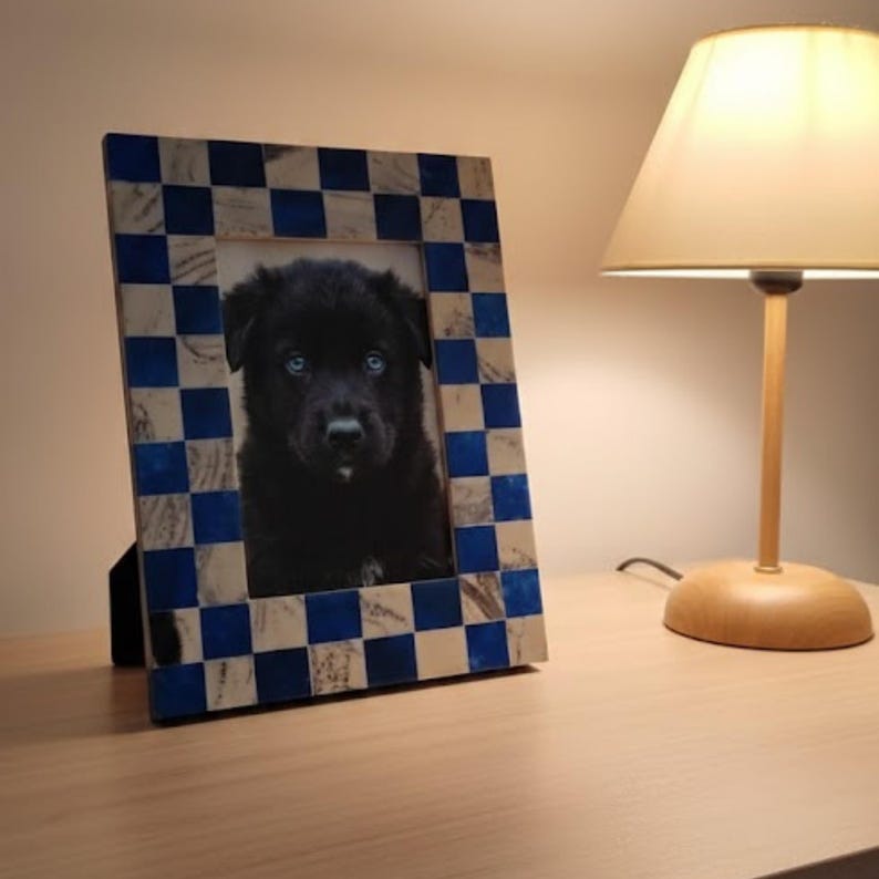 Handmade Blue Resin Inlay Photo Frame | Modern Checkered Picture Frame for Home Décor