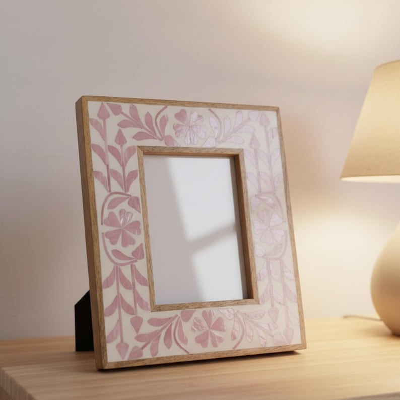 Handmade Blue Floral Resin Inlay Wooden Photo Frame – Artisan Tabletop Picture Frame