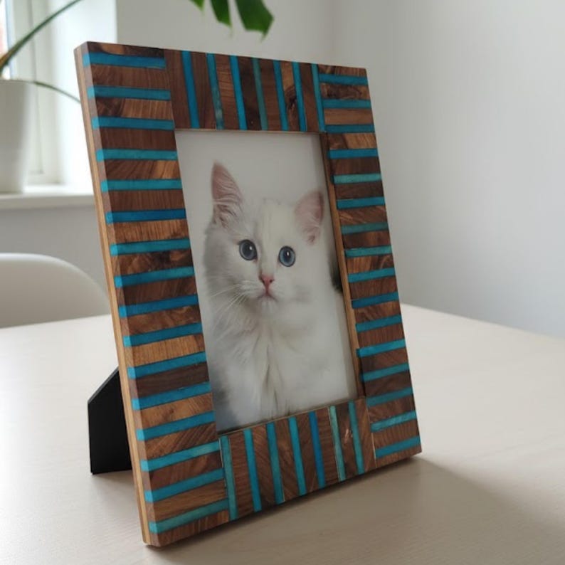 Handmade Wooden Inlay & Resin Photo Frame – Modern Blue Accent Picture Frame