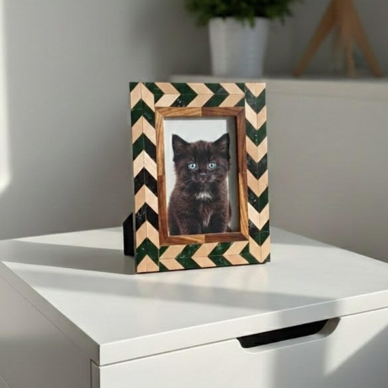 Handmade Wooden Inlay & Resin Photo Frame – Chevron Design Picture Frame