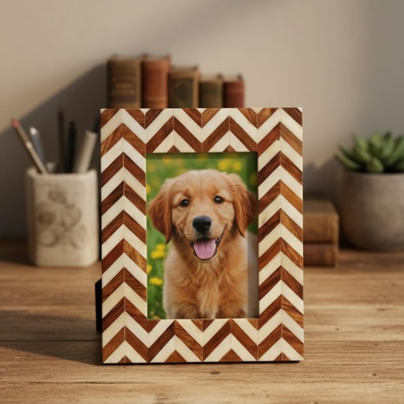 Wood & Bone Inlay Photo Frame | Handmade Geometric Picture Frame | Natural Home Décor