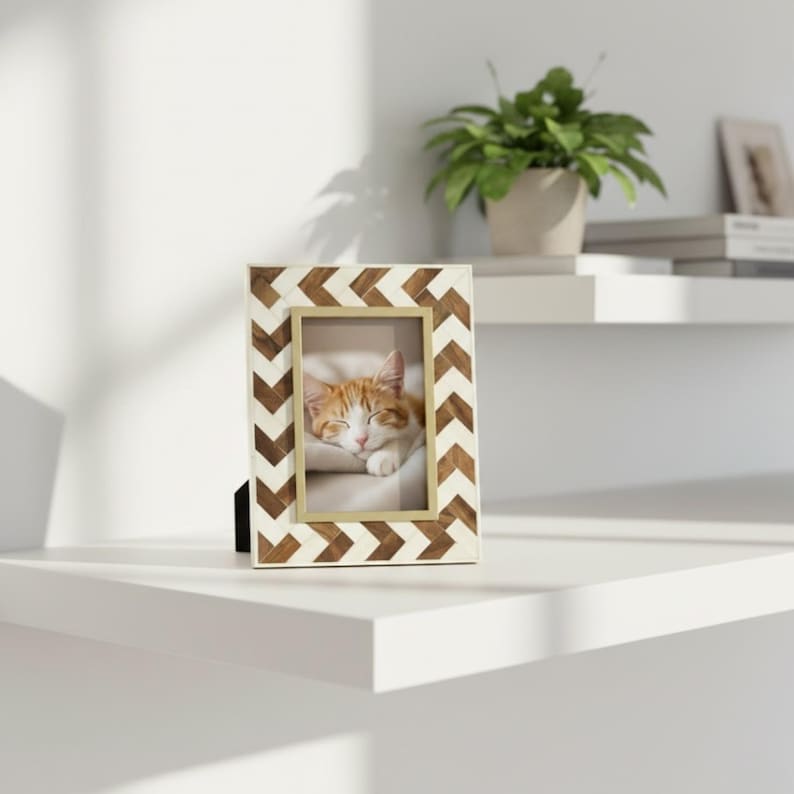 Handmade Wooden & Bone Inlay Photo Frame | Chevron Pattern Decor | Wooden Handmade Home Decor