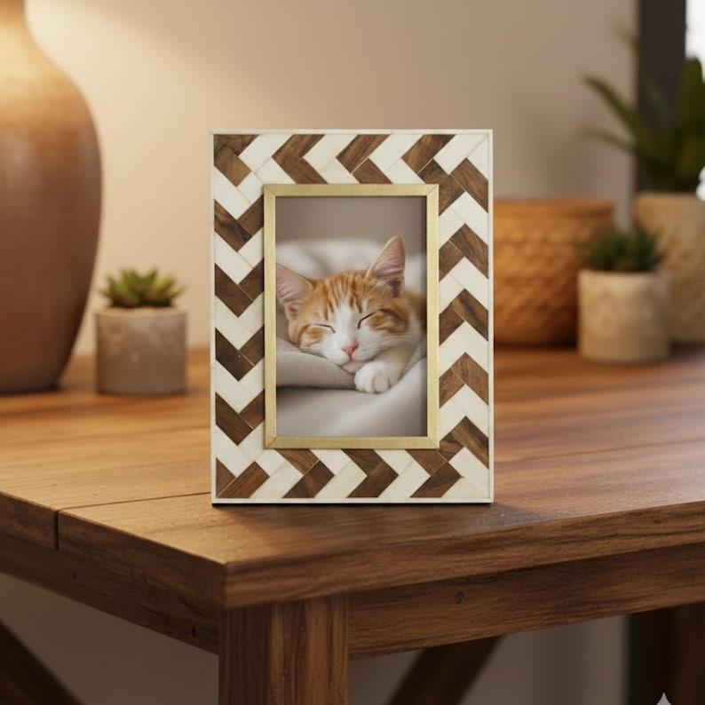 Handmade Wooden & Bone Inlay Photo Frame | Chevron Pattern Decor | Wooden Handmade Home Decor
