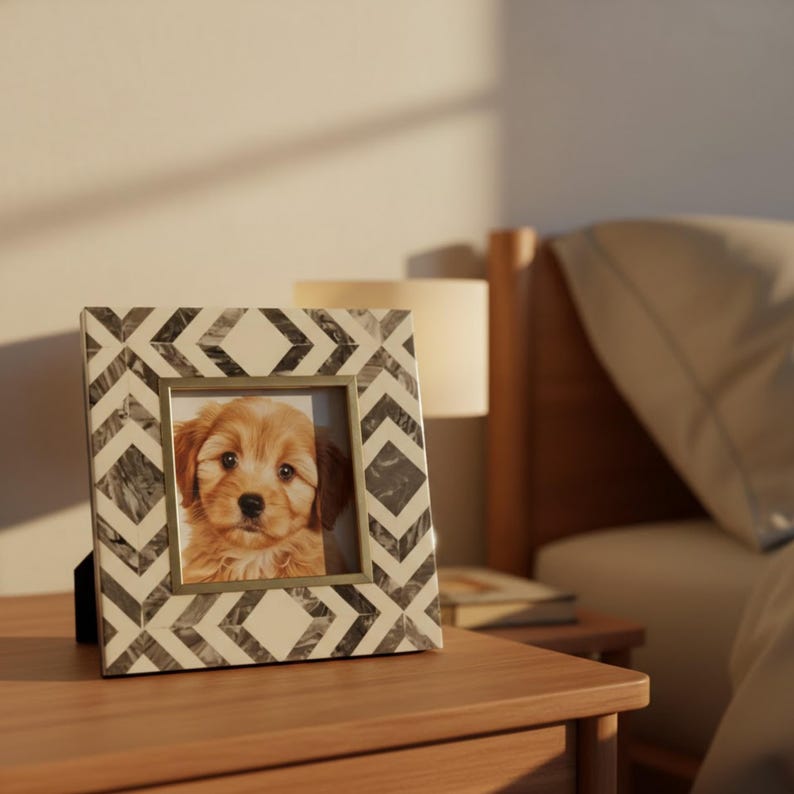 Handmade Resin Inlay Photo Frame – Black & White Geometric Picture Frame, Modern Home Decor