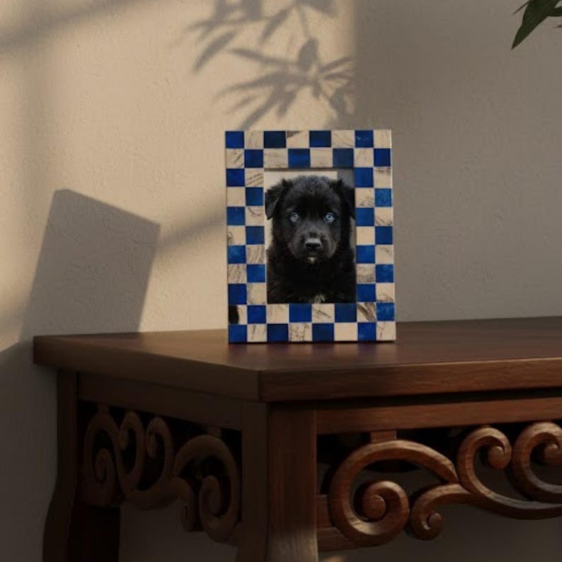Handmade Blue Resin Inlay Photo Frame | Modern Checkered Picture Frame for Home Décor