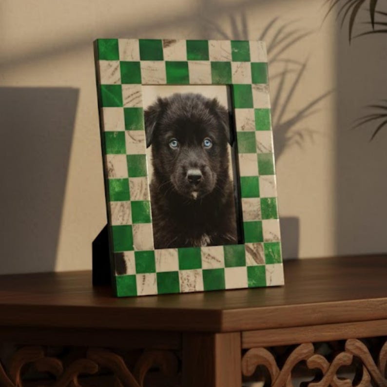 Handmade Blue Resin Inlay Photo Frame | Modern Checkered Picture Frame for Home Décor