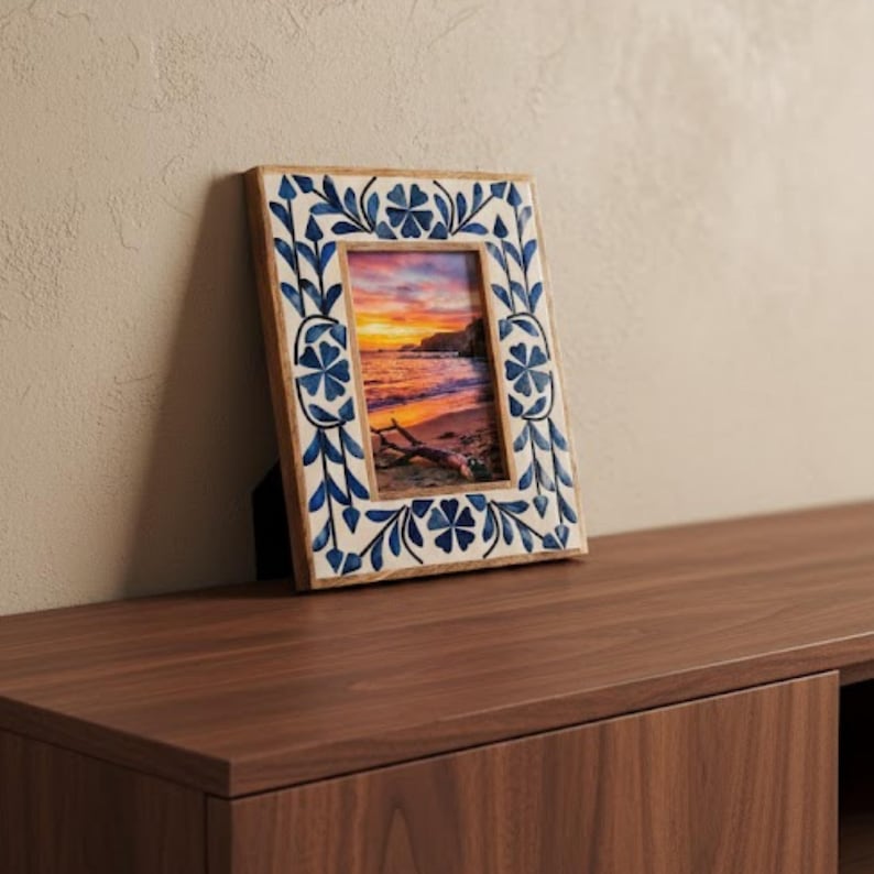 Handmade Blue Floral Resin Inlay Wooden Photo Frame – Artisan Tabletop Picture Frame
