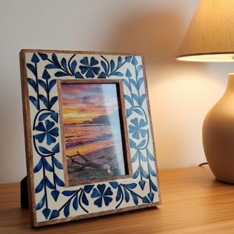 Handmade Blue Floral Resin Inlay Wooden Photo Frame – Artisan Tabletop Picture Frame