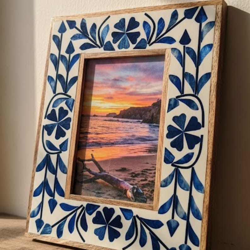 Handmade Blue Floral Resin Inlay Wooden Photo Frame – Artisan Tabletop Picture Frame