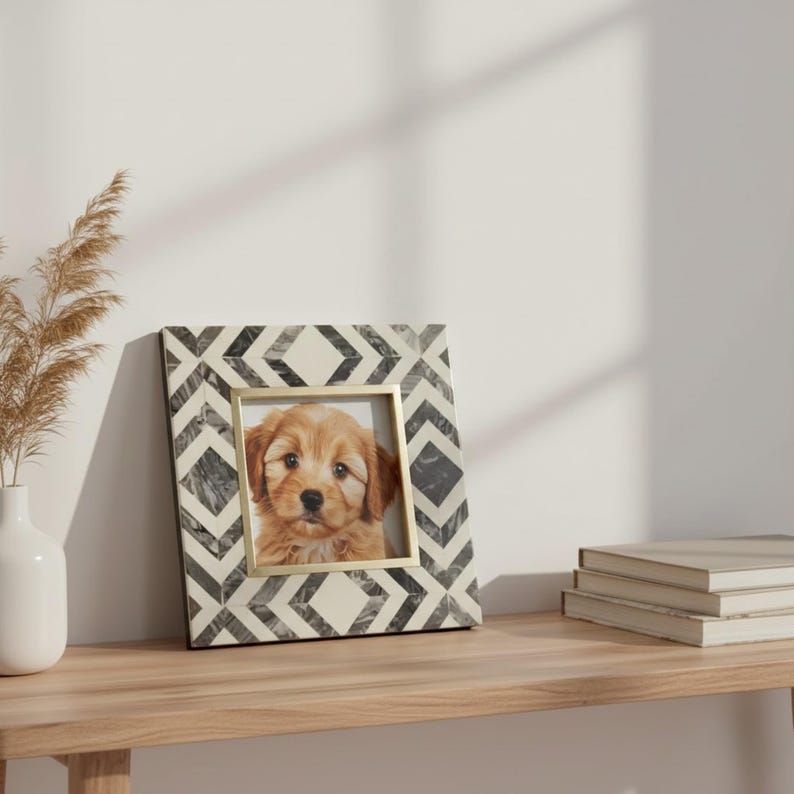 Handmade Resin Inlay Photo Frame – Black & White Geometric Picture Frame, Modern Home Decor