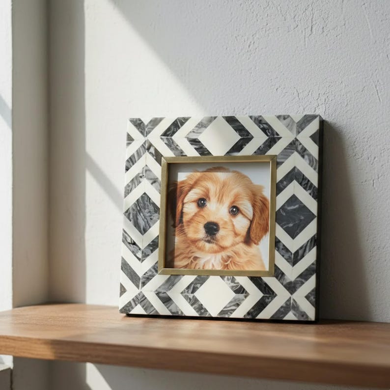Handmade Resin Inlay Photo Frame – Black & White Geometric Picture Frame, Modern Home Decor