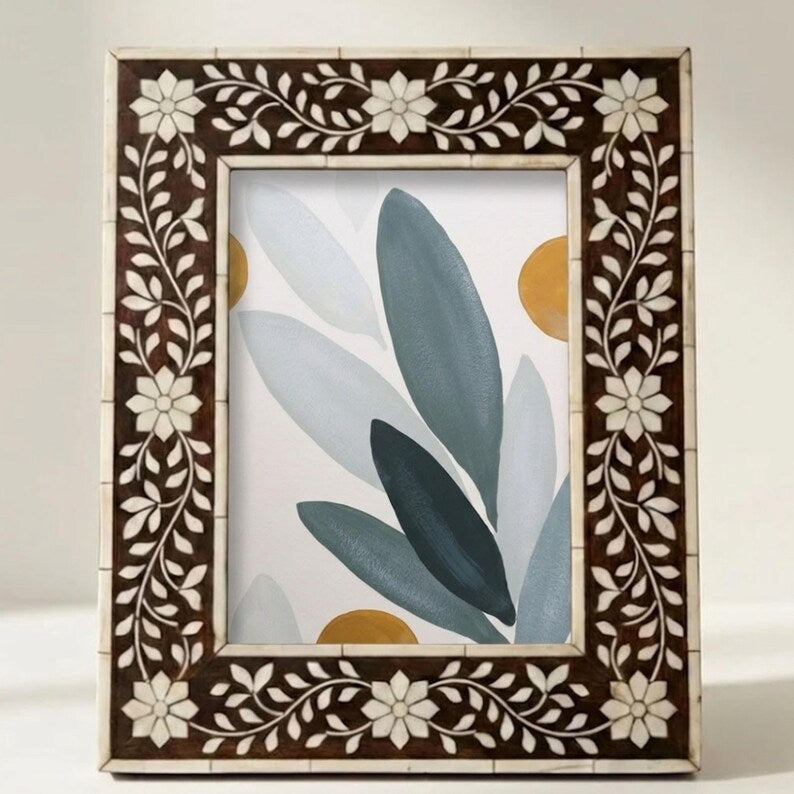 Handmade Bone Inlay Photo Frame | Floral Design, Vintage Style Home Decor