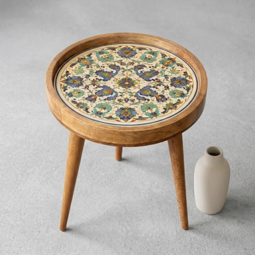 Handmade Printed Mango Wood Side Table | Round Boho Floral End Table | Decorative Accent Furniture