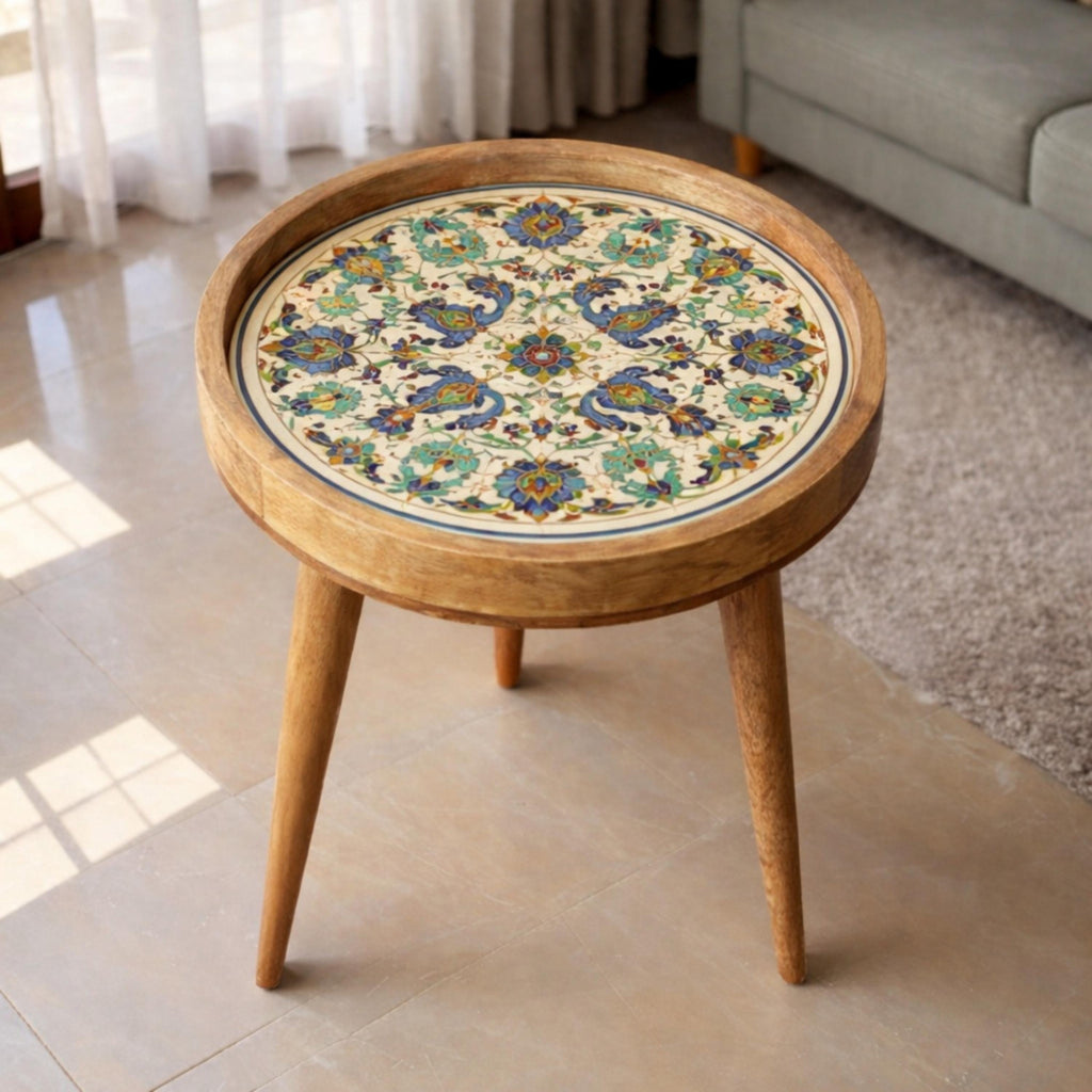 Handmade Printed Mango Wood Side Table | Round Boho Floral End Table | Decorative Accent Furniture