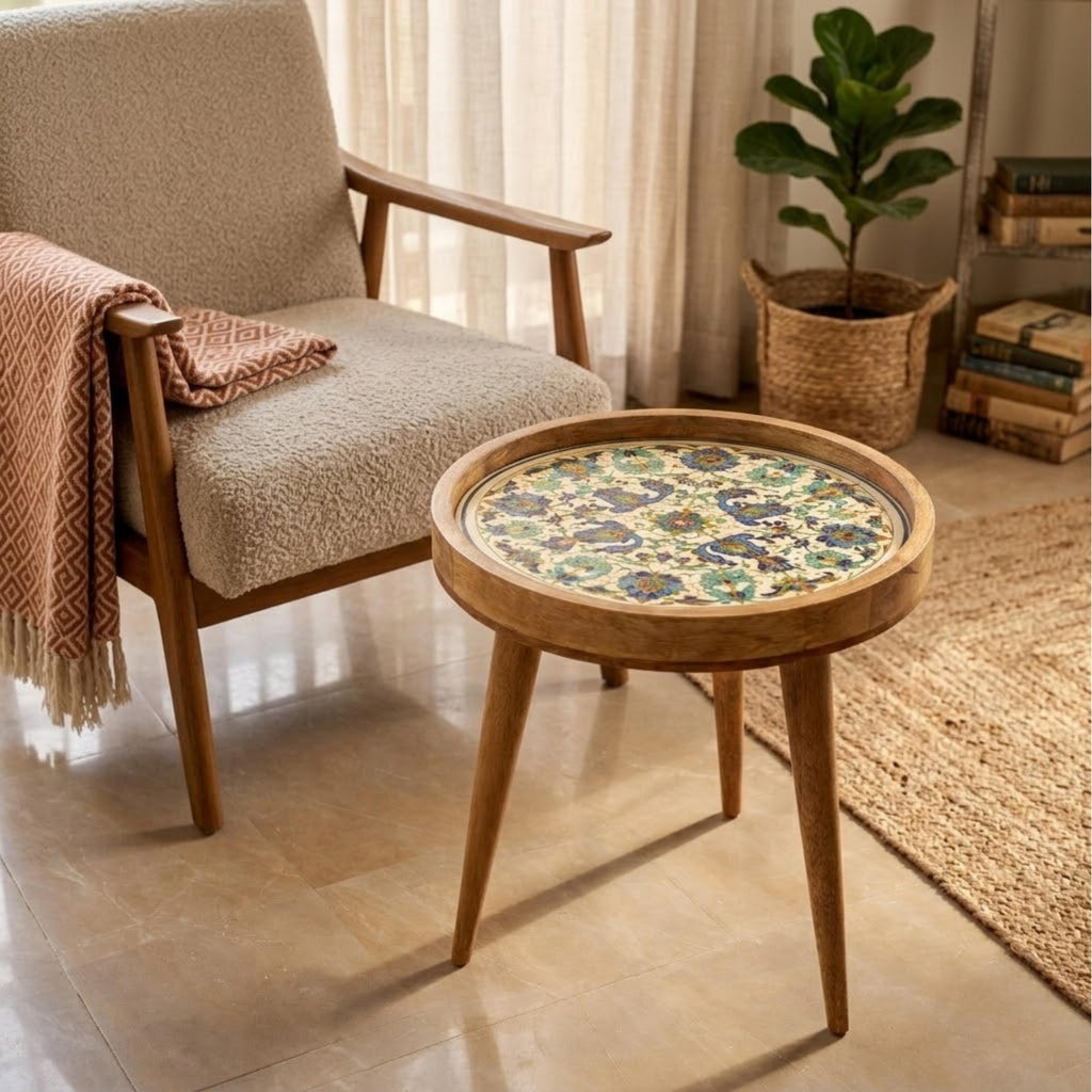 Handmade Printed Mango Wood Side Table | Round Boho Floral End Table | Decorative Accent Furniture