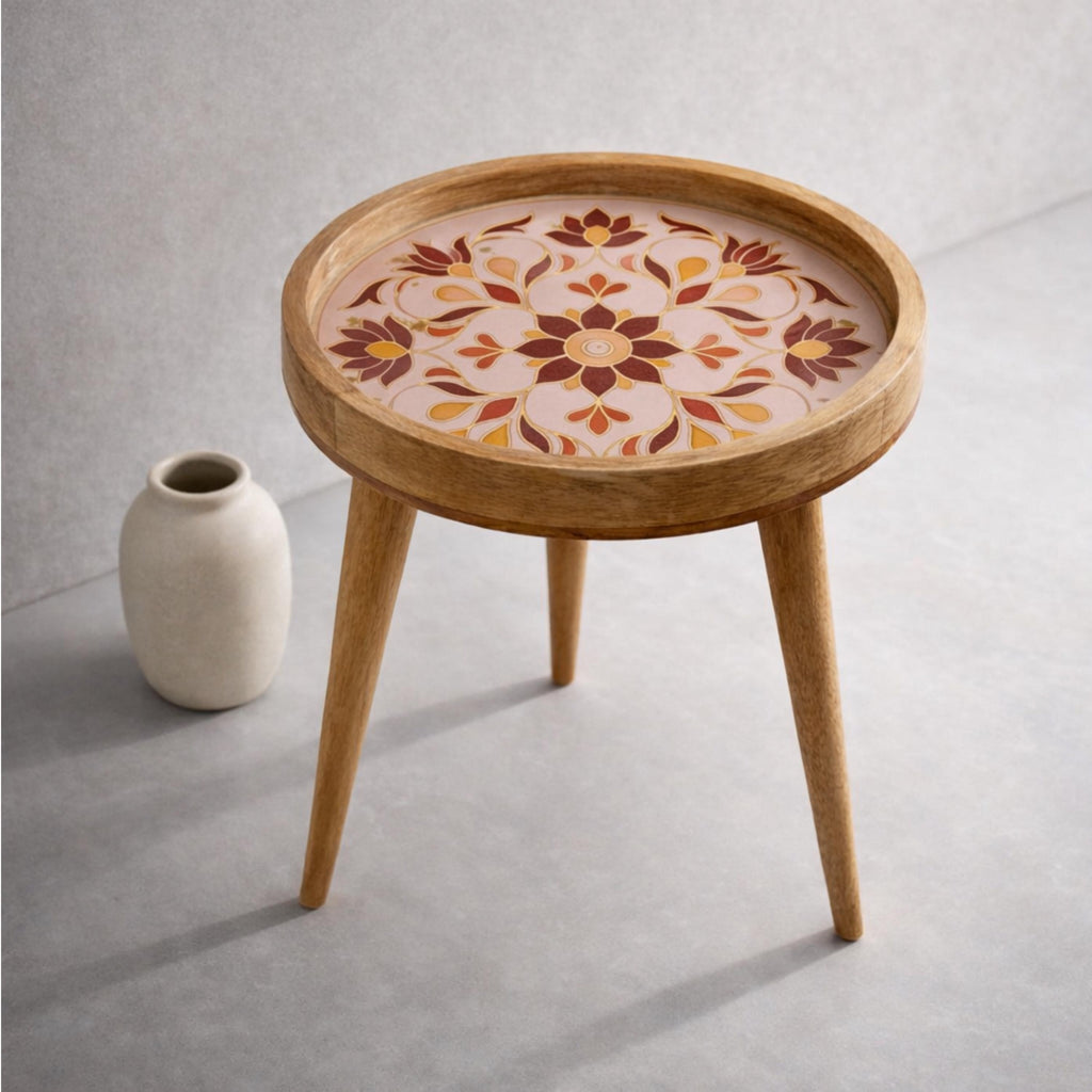 Handmade Pink Floral Mango Wood Round Side Table | Boho Accent Furniture