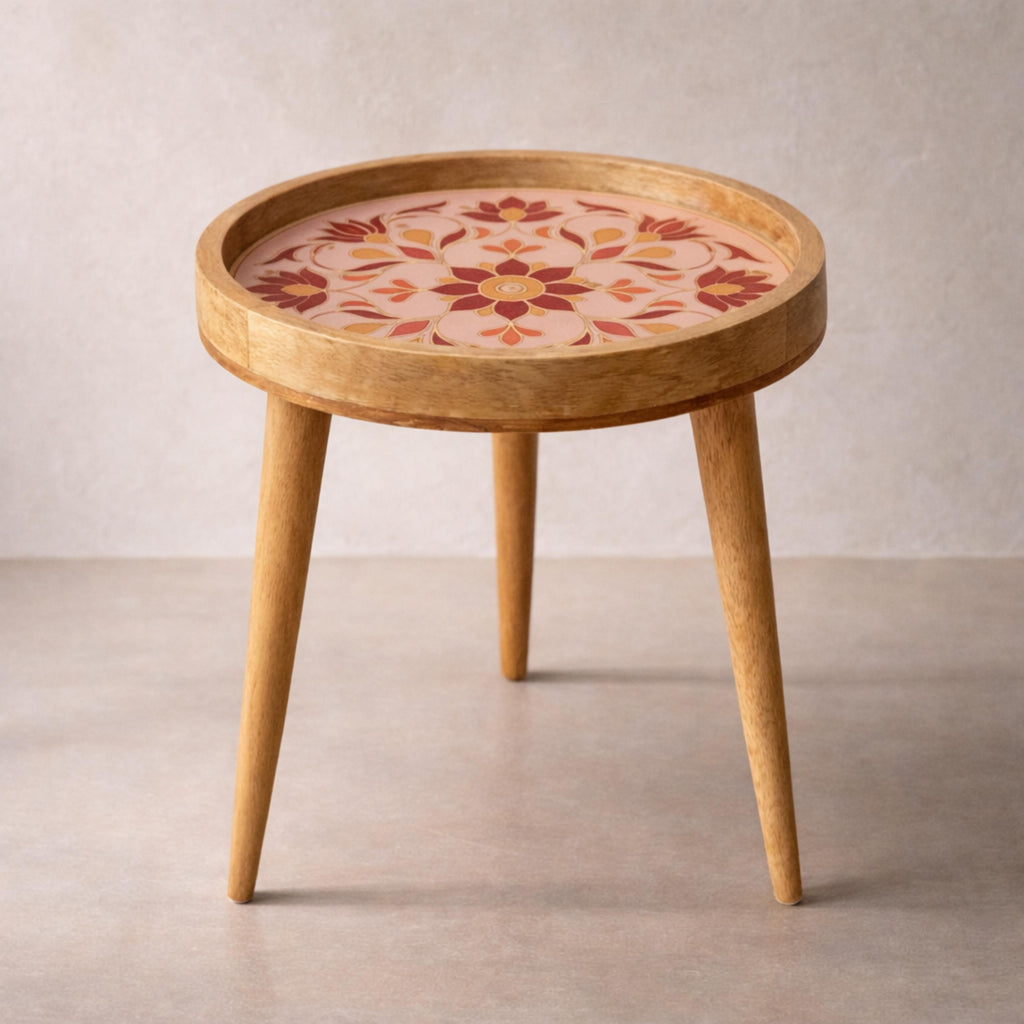 Handmade Pink Floral Mango Wood Round Side Table | Boho Accent Furniture