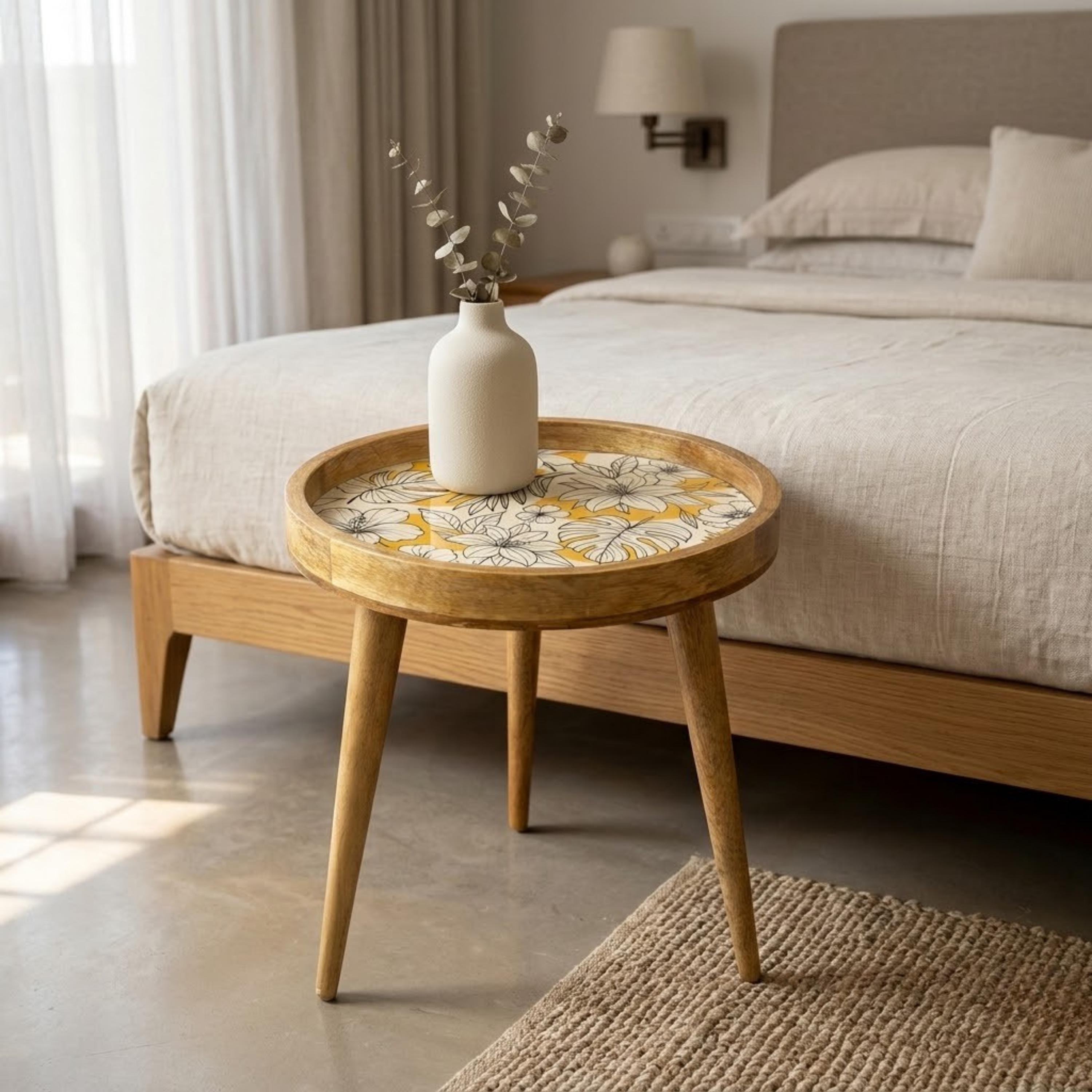 Handmade Printed Mango Wood Side Table | Yellow Floral Round End Table | Boho Accent Furniture