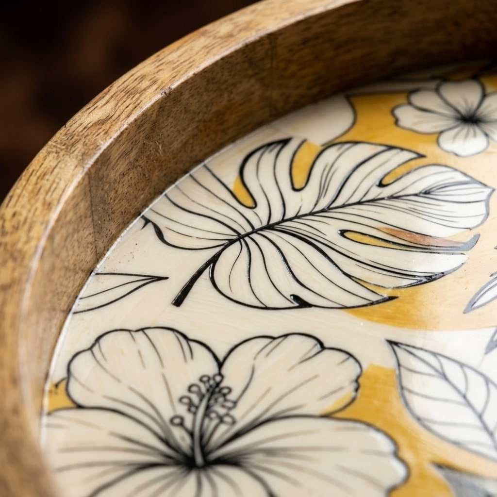 Handmade Printed Mango Wood Side Table | Yellow Floral Round End Table | Boho Accent Furniture