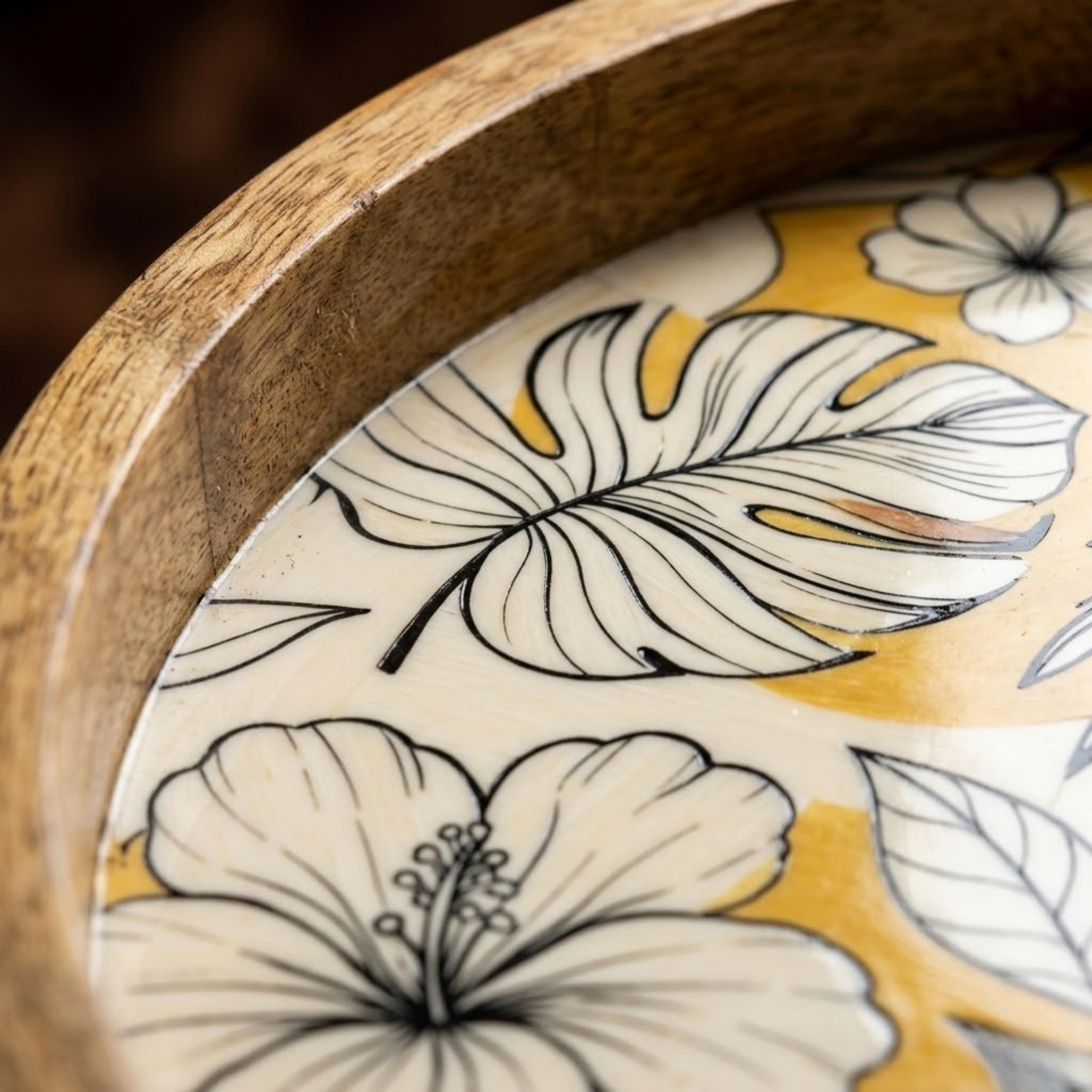 Handmade Printed Mango Wood Side Table | Yellow Floral Round End Table | Boho Accent Furniture