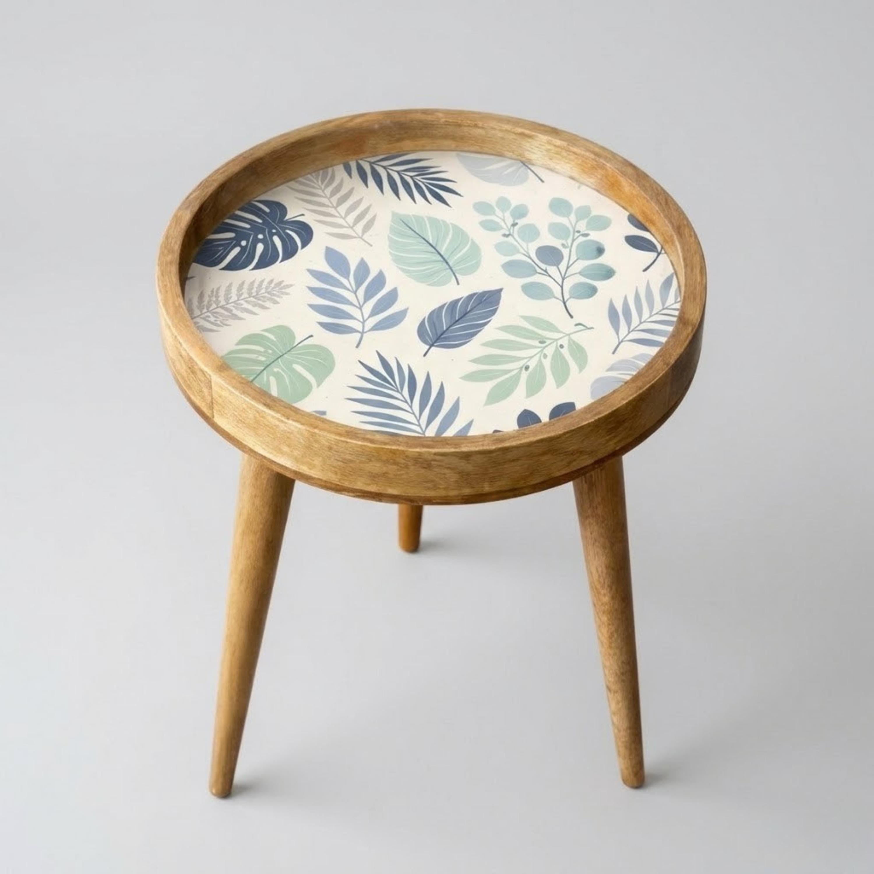 Handmade Printed Mango Wood Side Table | Botanical Leaf Round End Table | Boho Accent Furniture
