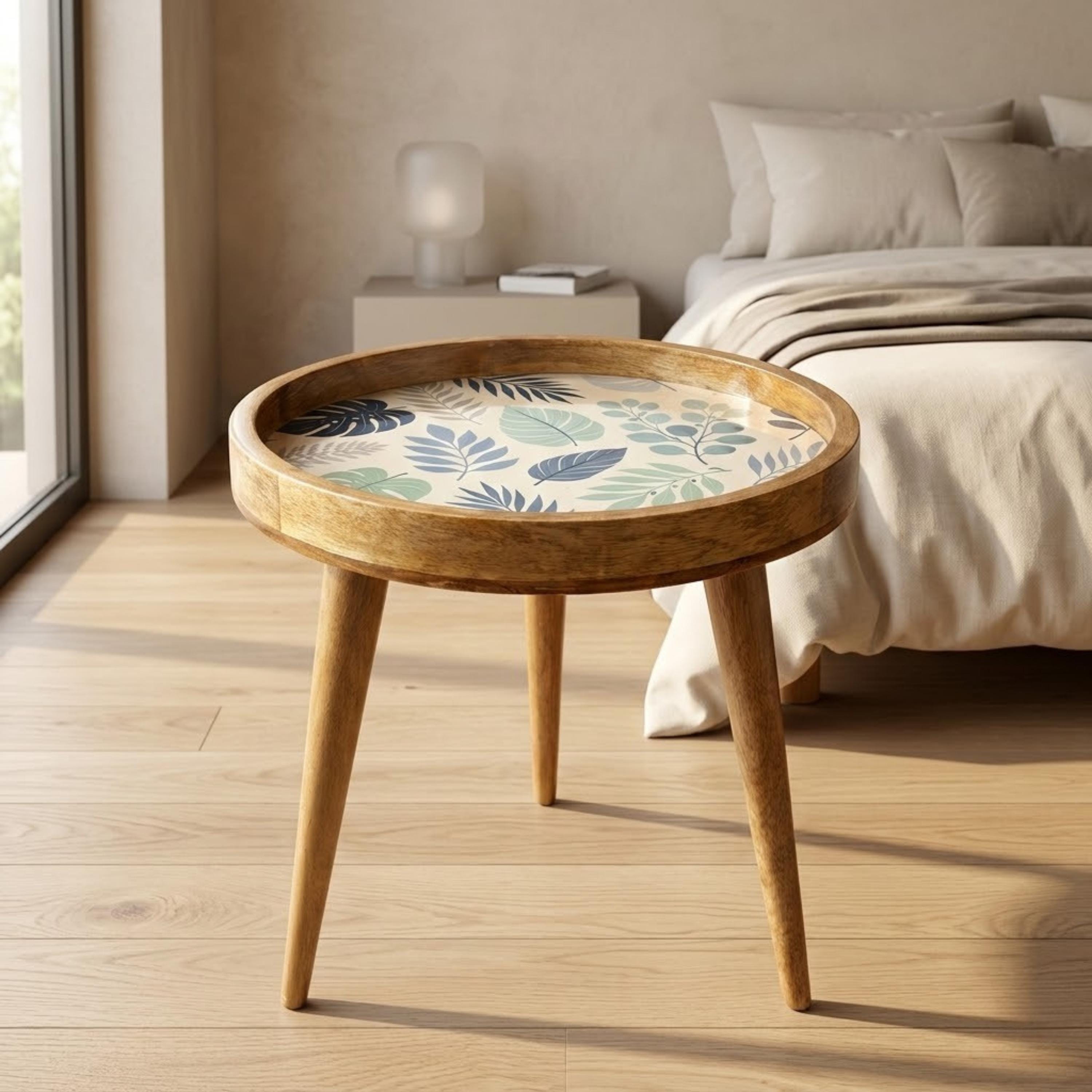 Handmade Printed Mango Wood Side Table | Botanical Leaf Round End Table | Boho Accent Furniture