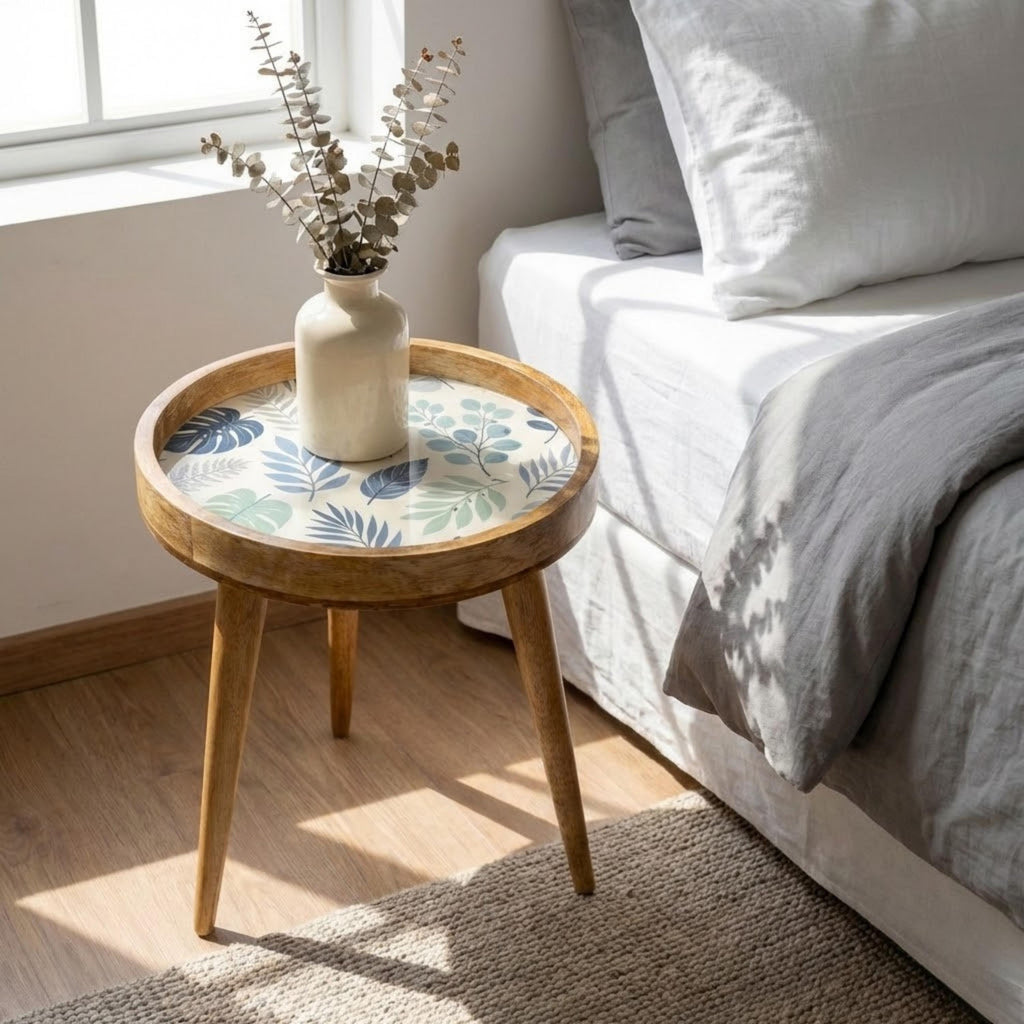 Handmade Printed Mango Wood Side Table | Botanical Leaf Round End Table | Boho Accent Furniture