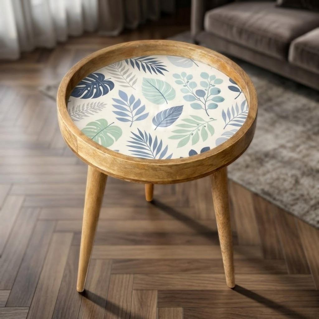 Handmade Printed Mango Wood Side Table | Botanical Leaf Round End Table | Boho Accent Furniture