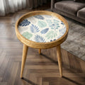 Handmade Printed Mango Wood Side Table | Botanical Leaf Round End Table | Boho Accent Furniture