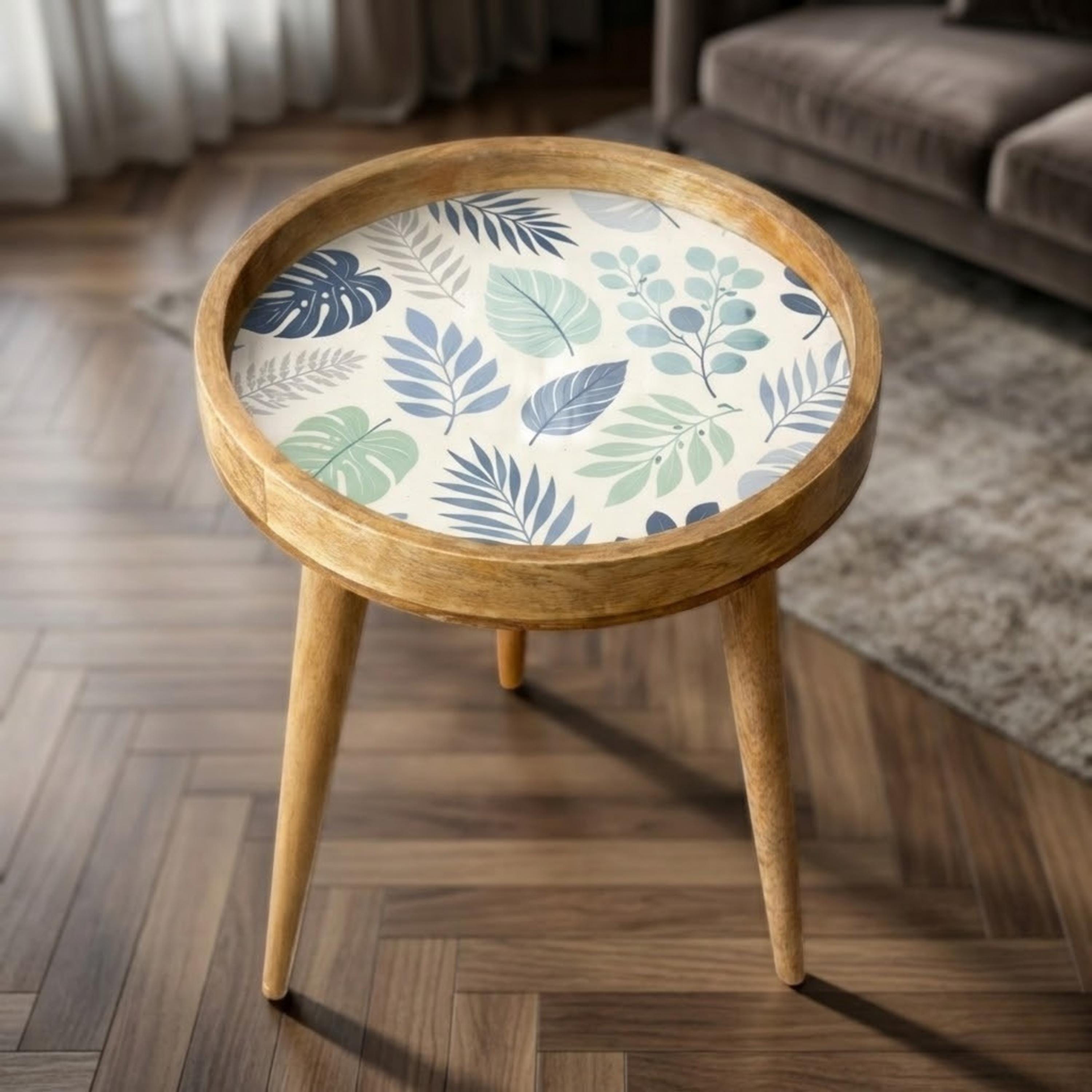 Handmade Printed Mango Wood Side Table | Botanical Leaf Round End Table | Boho Accent Furniture