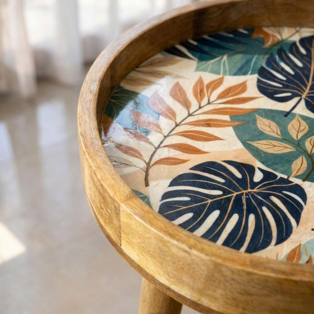 Handmade Printed Mango Wood Side Table | Tropical Leaf Round End Table | Boho Accent Furniture