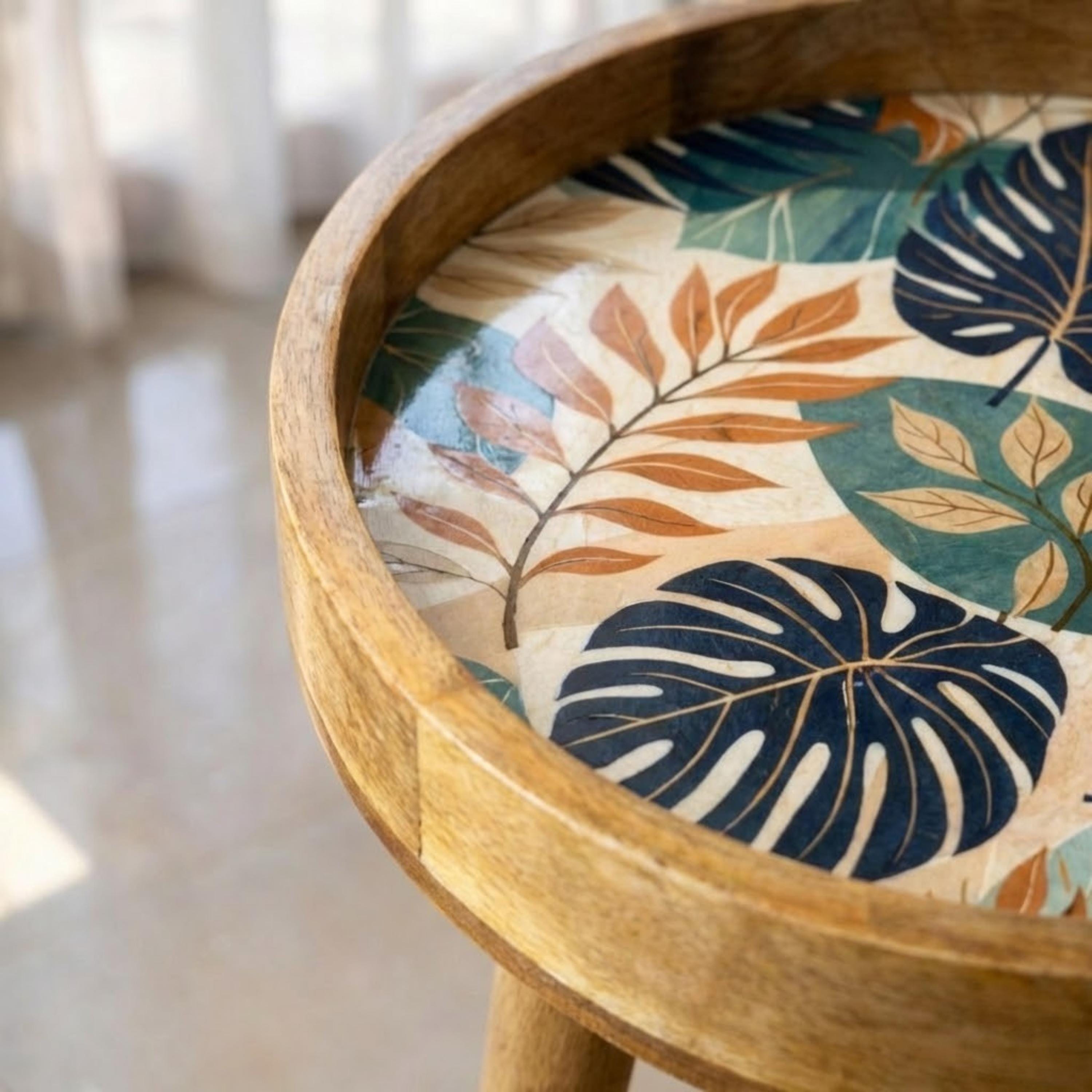 Handmade Printed Mango Wood Side Table | Tropical Leaf Round End Table | Boho Accent Furniture