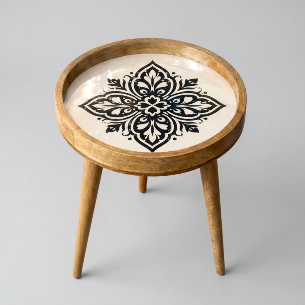 Handmade Mango Wood Side Table | Black White Mandala Round Accent Furniture