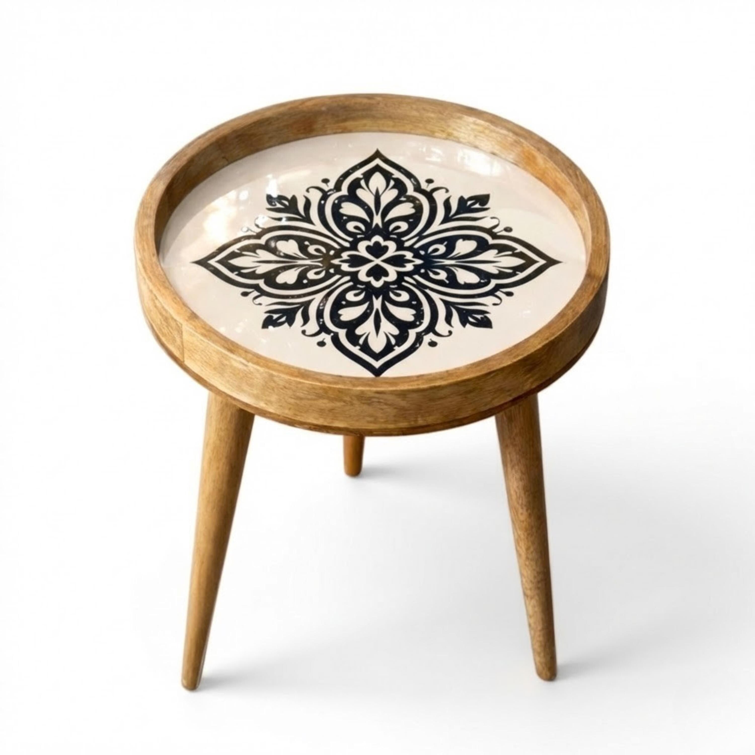 Handmade Mango Wood Side Table | Black White Mandala Round Accent Furniture