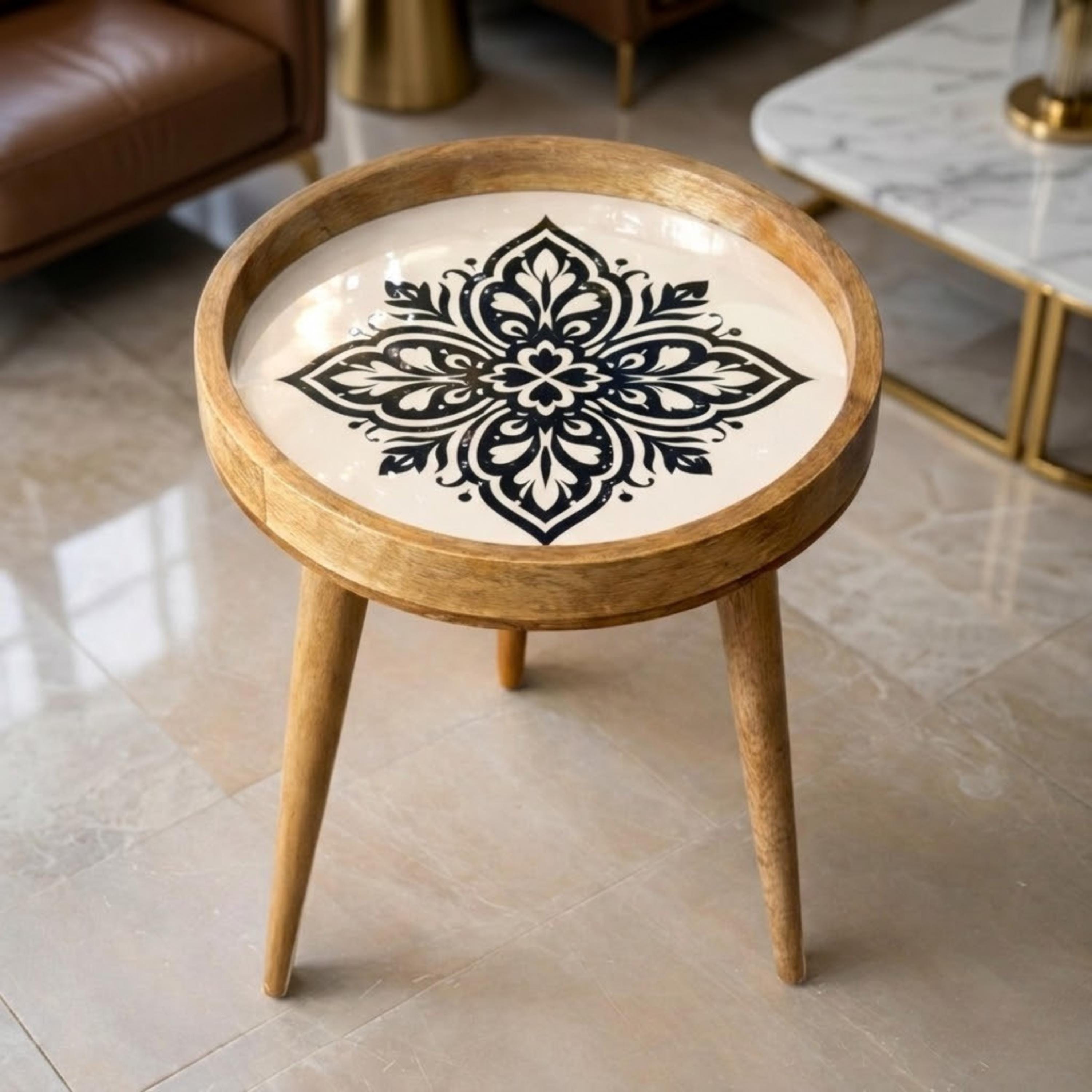 Handmade Mango Wood Side Table | Black White Mandala Round Accent Furniture