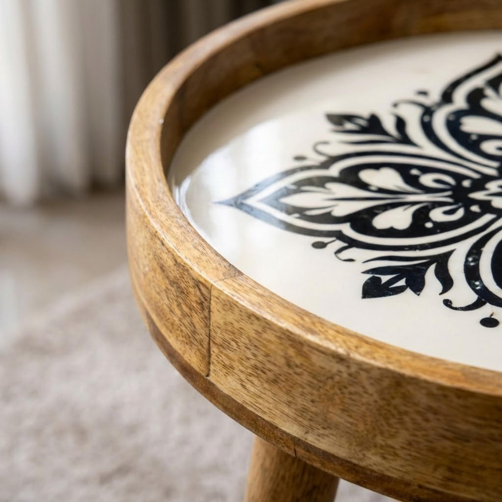 Handmade Mango Wood Side Table | Black White Mandala Round Accent Furniture