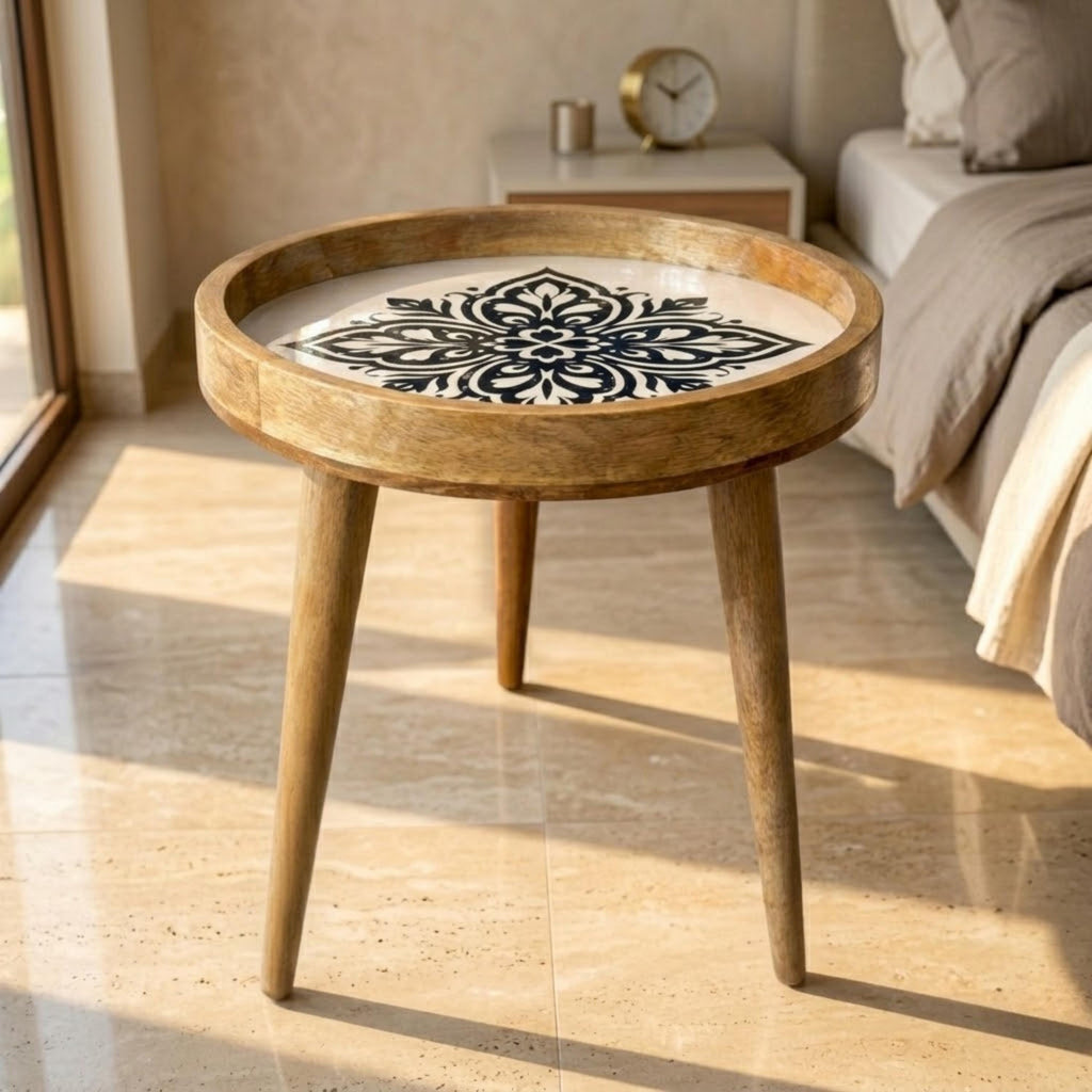 Handmade Mango Wood Side Table | Black White Mandala Round Accent Furniture