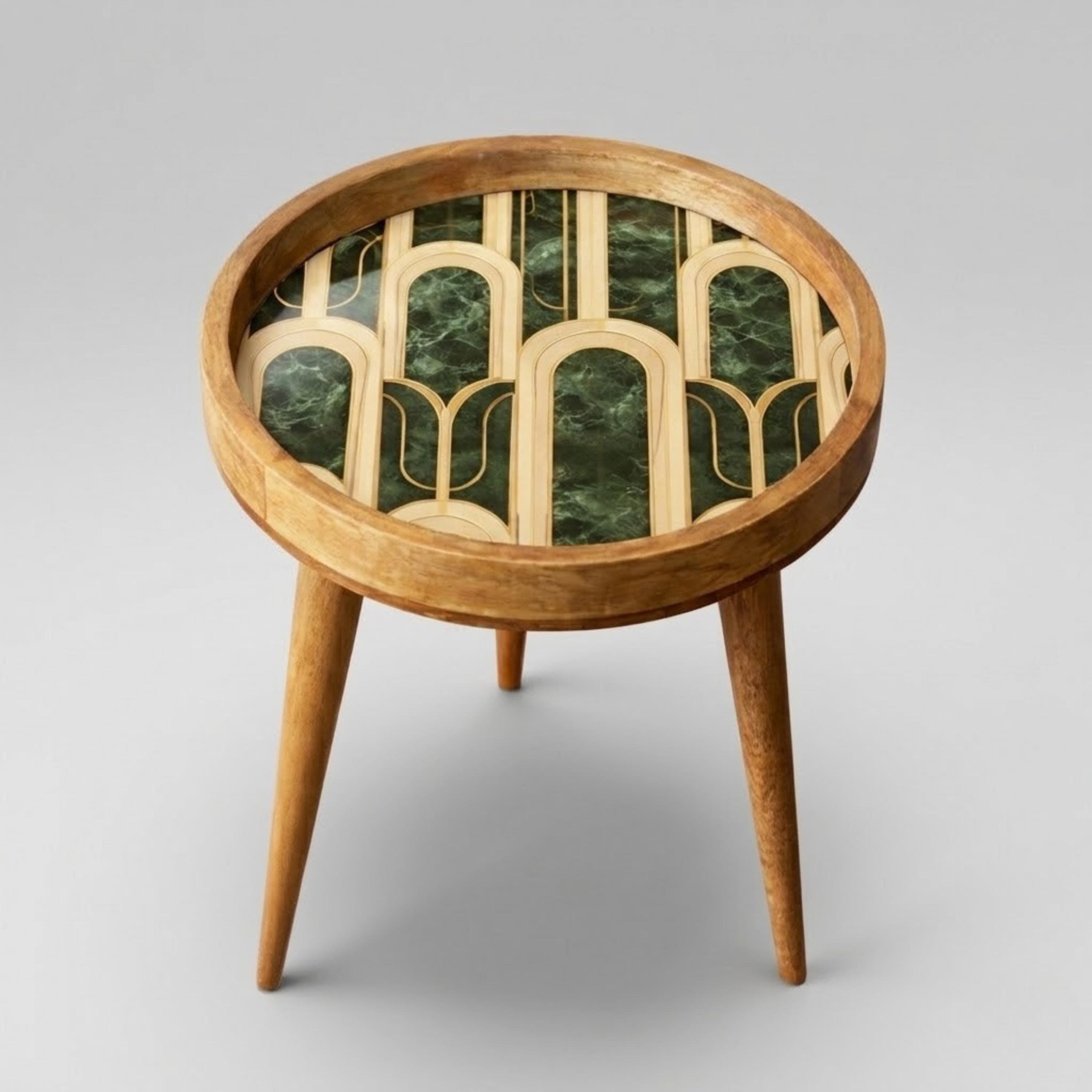 Round Mango Wood Printed End Table | Green Marble Pattern Side Table | Modern Glam Decor
