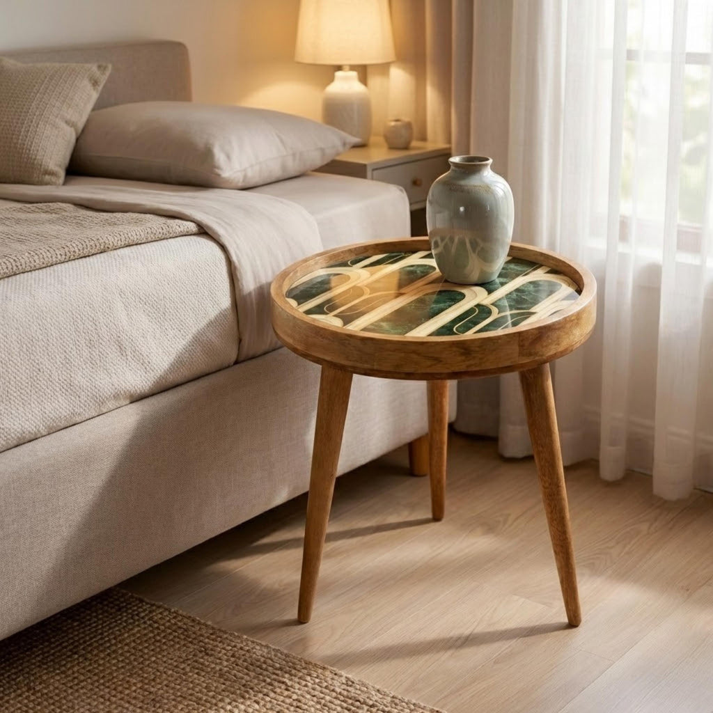 Round Mango Wood Printed End Table | Green Marble Pattern Side Table | Modern Glam Decor
