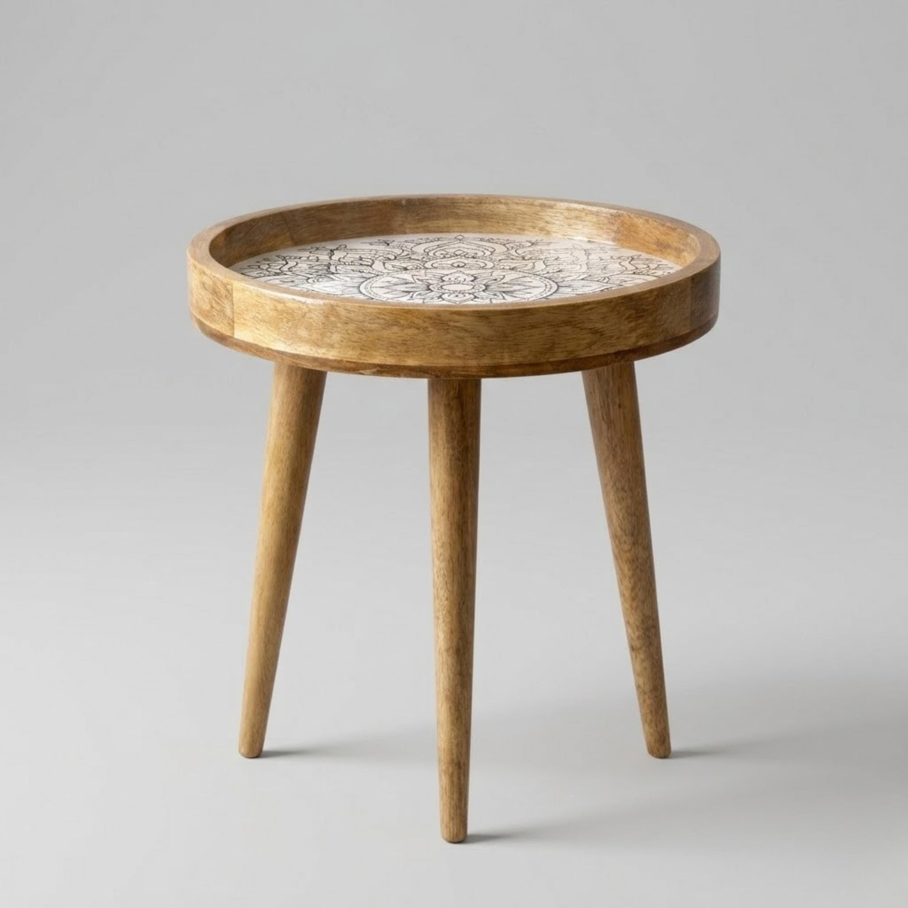 Round Mango Wood Printed End Table | Black White Mandala Side Table | Modern Boho Decor