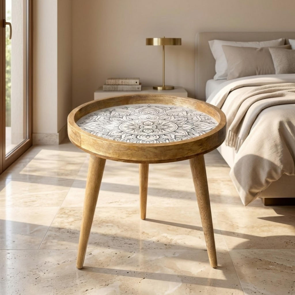 Round Mango Wood Printed End Table | Black White Mandala Side Table | Modern Boho Decor