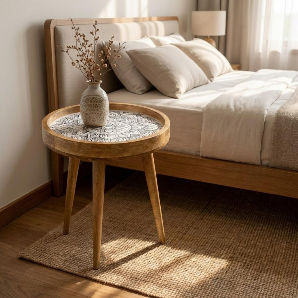 Round Mango Wood Printed End Table | Black White Mandala Side Table | Modern Boho Decor