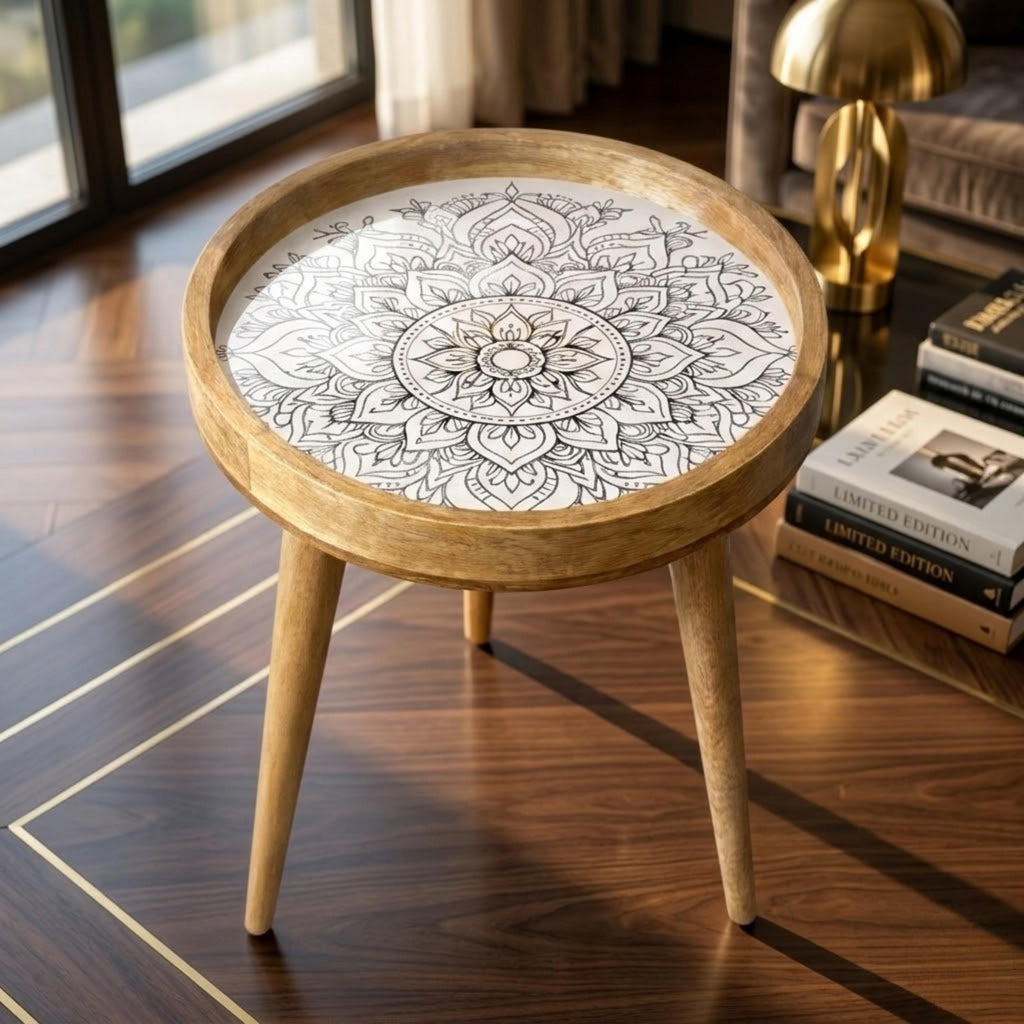Round Mango Wood Printed End Table | Black White Mandala Side Table | Modern Boho Decor