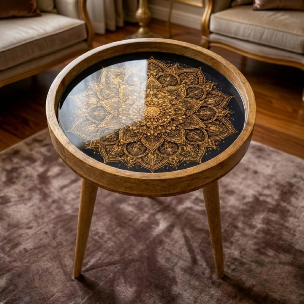 Round Mango Wood Printed End Table | Gold Mandala Side Table | Boho Glam Decor