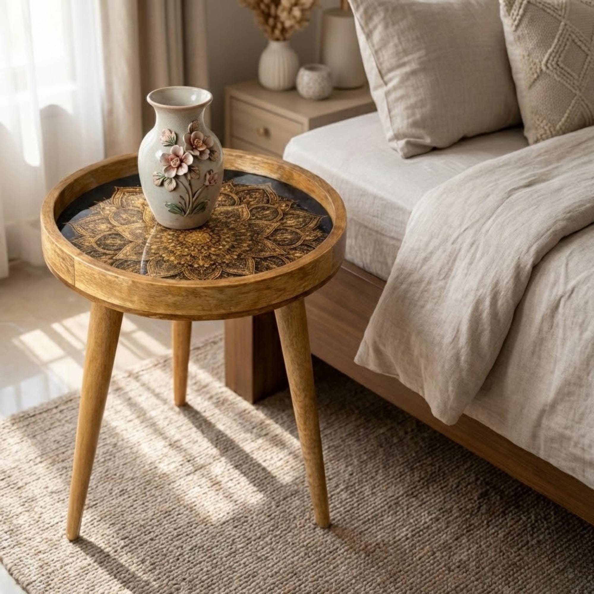 Round Mango Wood Printed End Table | Gold Mandala Side Table | Boho Glam Decor