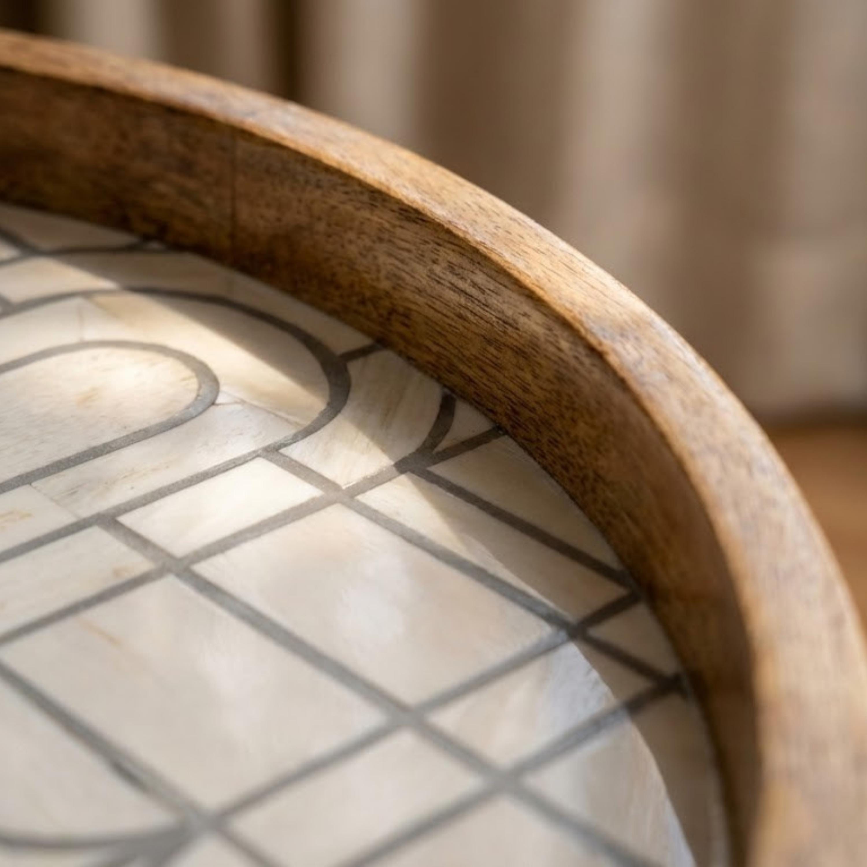Round Mango Wood Printed End Table | Beige Geometric Side Table | Minimalist Decor