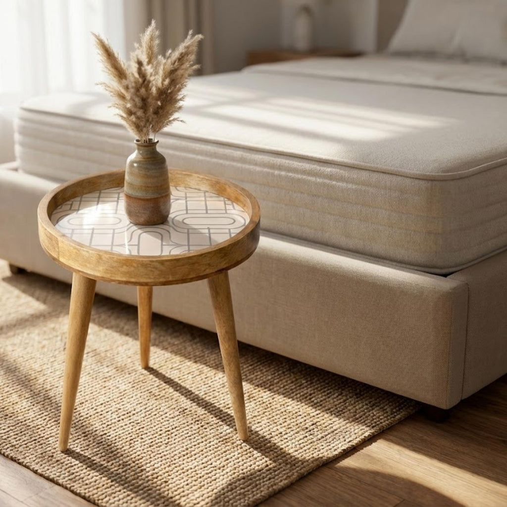 Round Mango Wood Printed End Table | Beige Geometric Side Table | Minimalist Decor