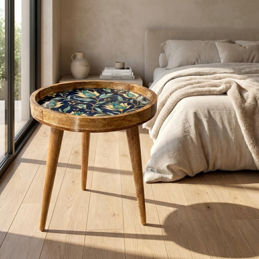 Handmade Printed Mango Wood Side Table | Navy Floral Round End Table | Boho Accent Furniture