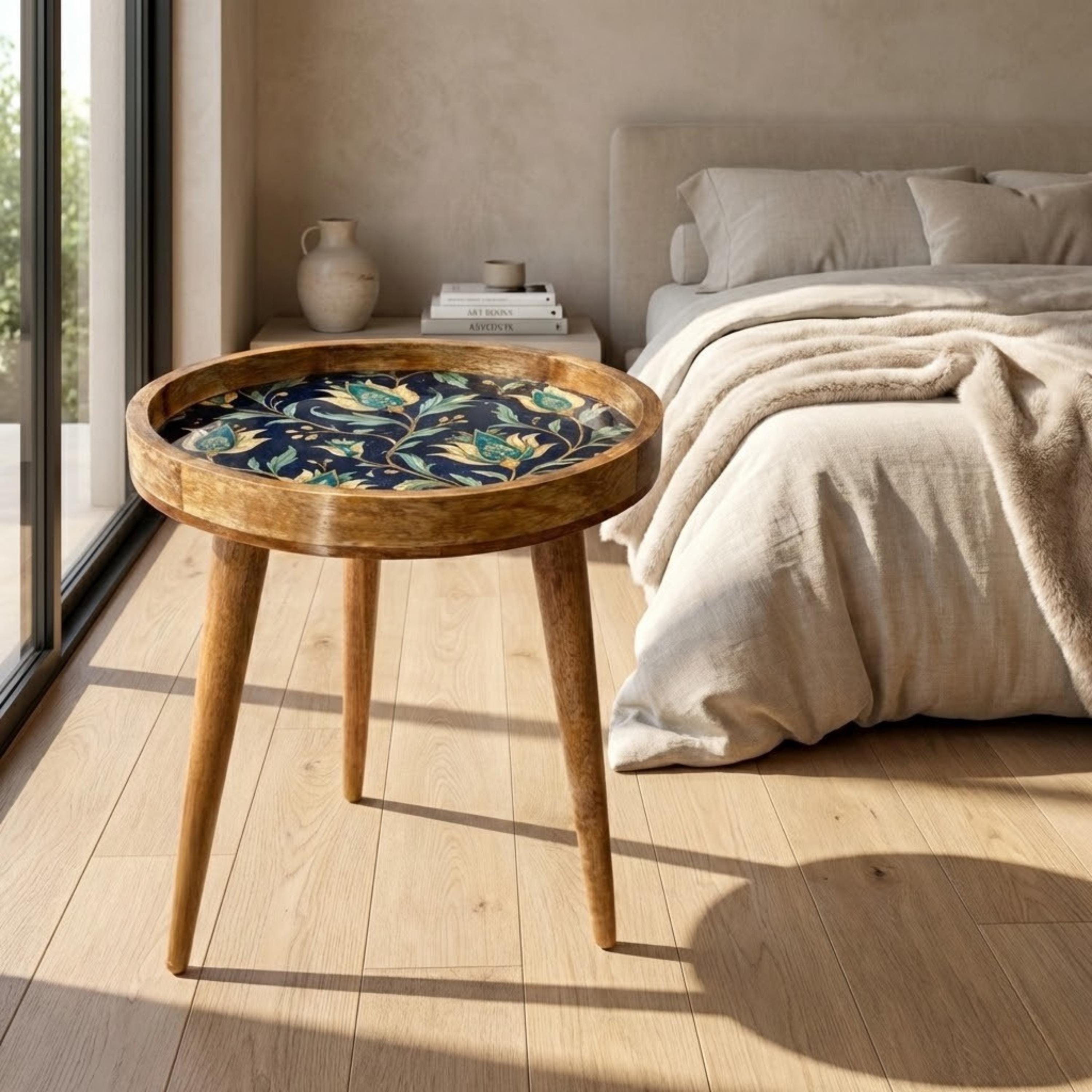Handmade Printed Mango Wood Side Table | Navy Floral Round End Table | Boho Accent Furniture
