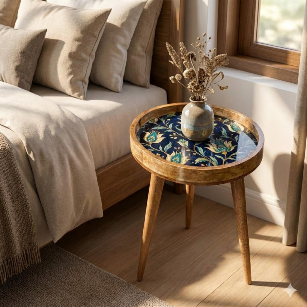 Handmade Printed Mango Wood Side Table | Navy Floral Round End Table | Boho Accent Furniture